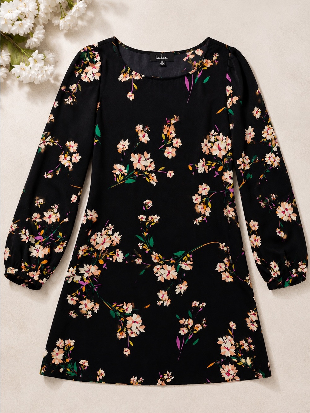 Lulu’s Floral Long Sleeve Mini Dress Size Medium Black Romantic Cottagecore - Picture 4 of 9